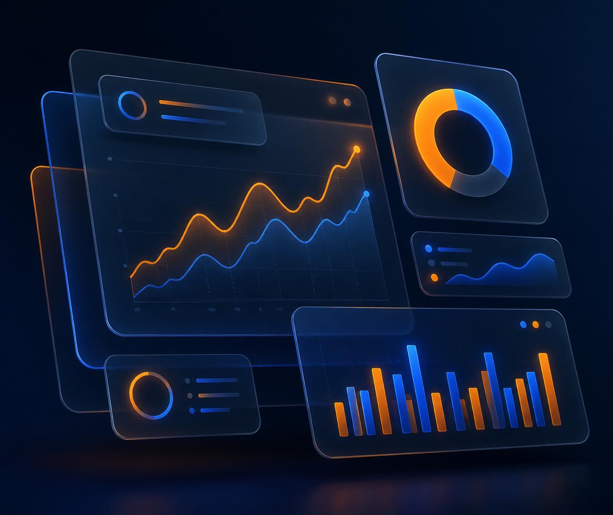 Illustrated marketing analytics dashboard showing growth charts